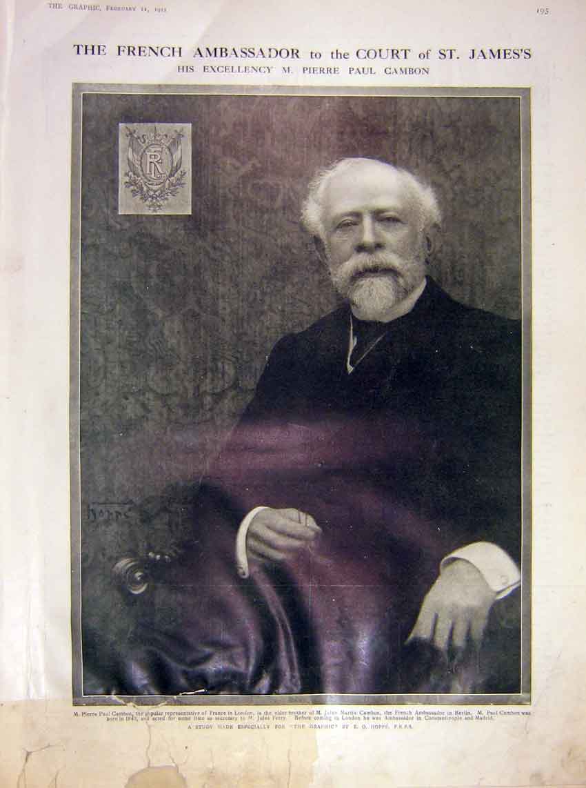 Original Old Antique Print French Ambassador Cambon Portrait Hoppe 1911 20th