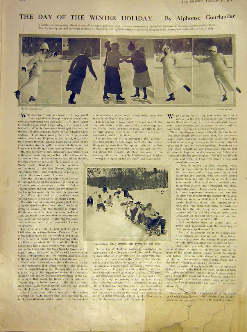 Original Old Antique Print Winter Holiday Ice Skating Tobogganing Zurich 1911