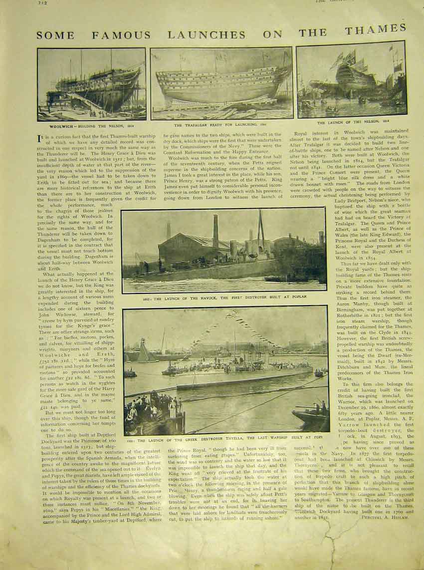 Original Old Antique Print Thames Launch Ship Woolwich Nelson Trafalgar 1911