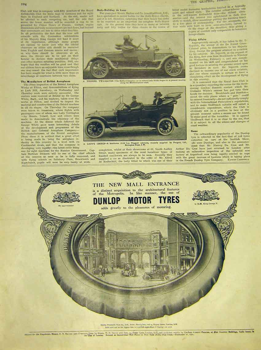 Original Old Antique Print Motor-Car Bedford Empress Handsome Dunlop 1911 20th