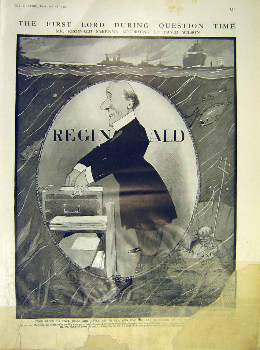Original Old Antique Print Reginald Mckenna Cartoon Sketch Wilson Question 1911