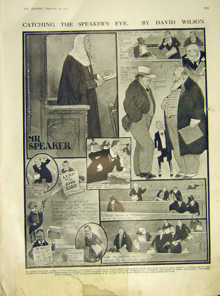 Original Old Antique Print Ginnell Speaker Wilson Cartoon Sketches House Commons
