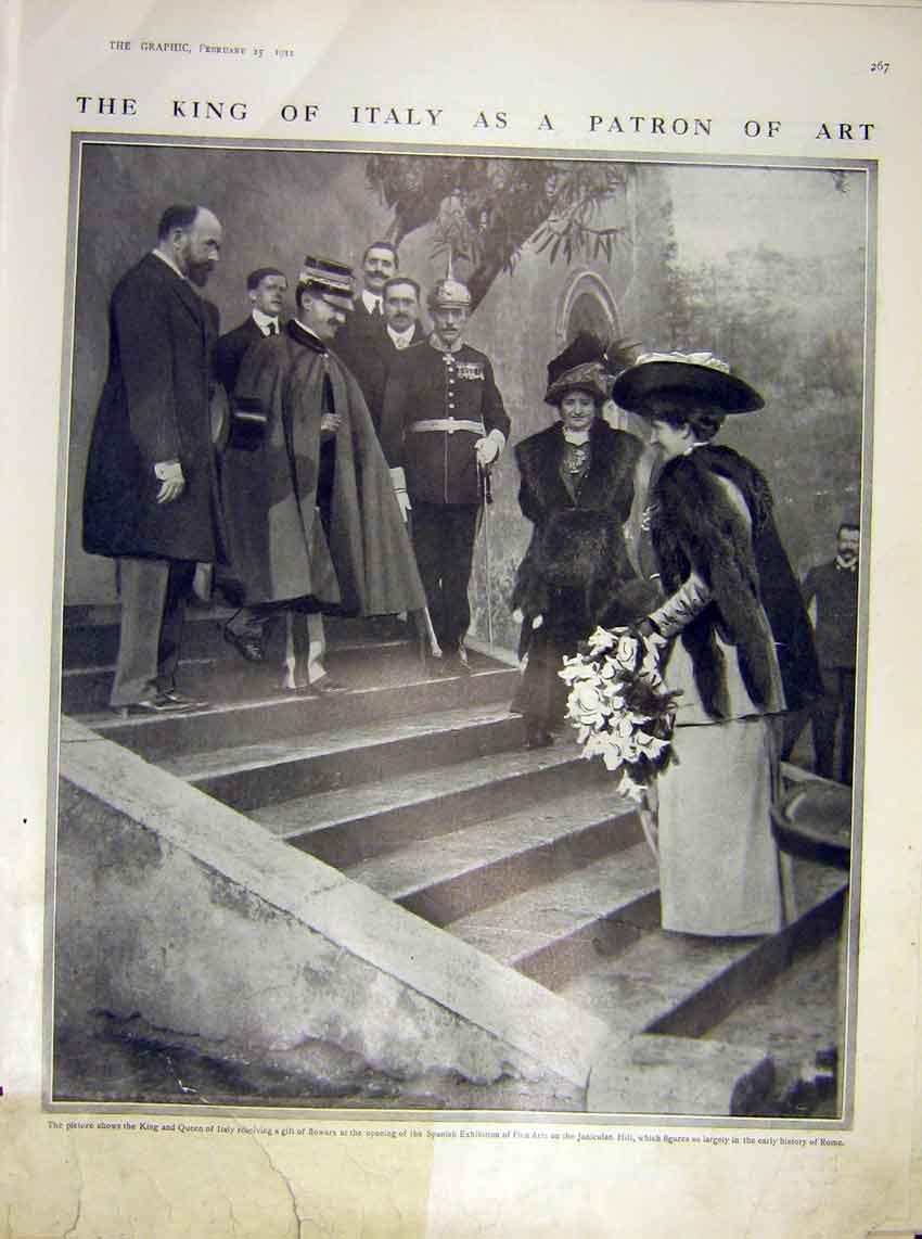 Original Old Antique Print King Italy Patron Art Queen Spanish Exhibition 1911