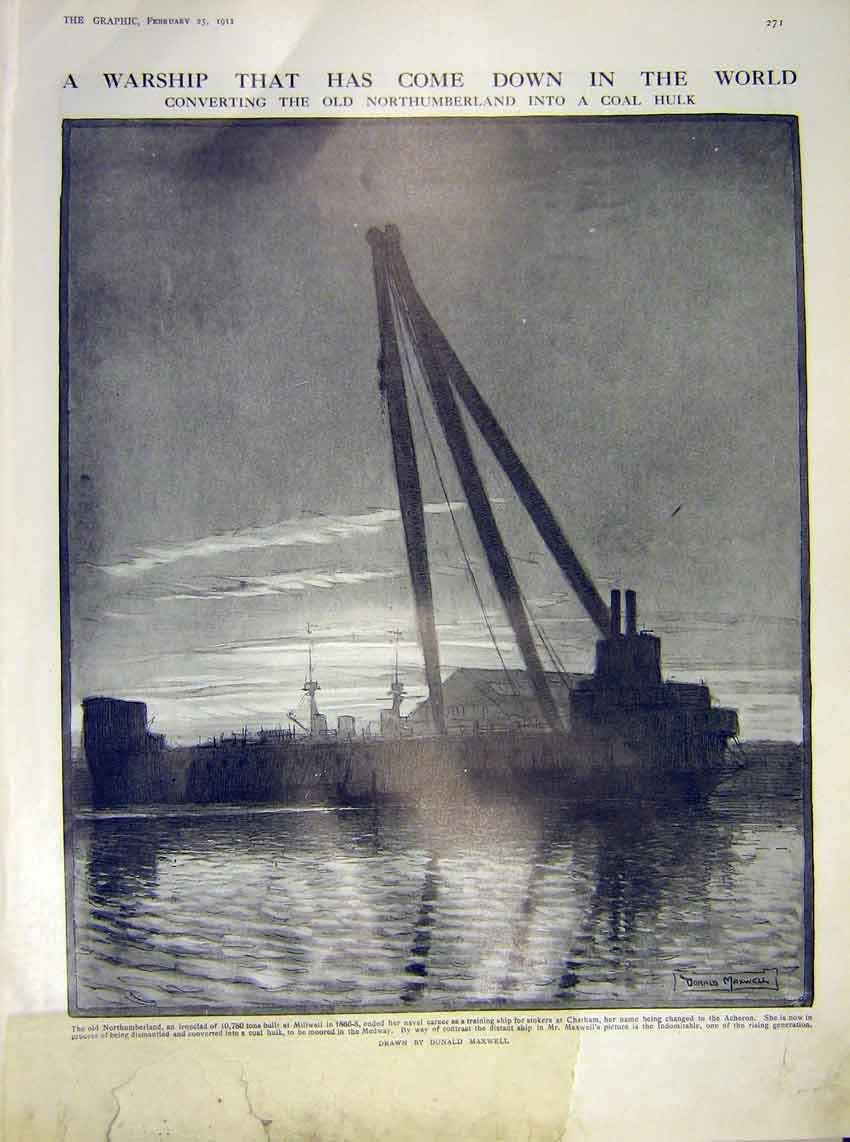 Old Antique Print Warship Northumberland Coal Hulk Millwall Maxwell 1911 20th