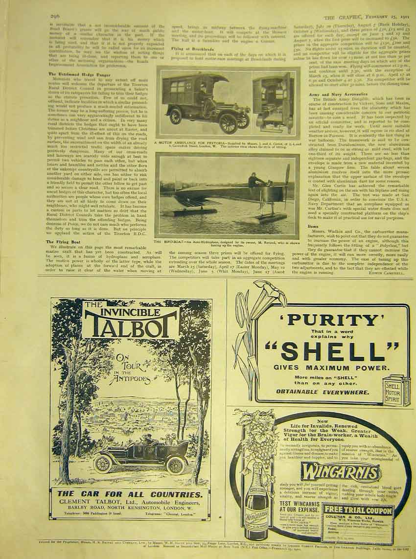 Original Old Antique Print Motor-Car Ambulance Carter Bird-Boat Aero-Hydroplane