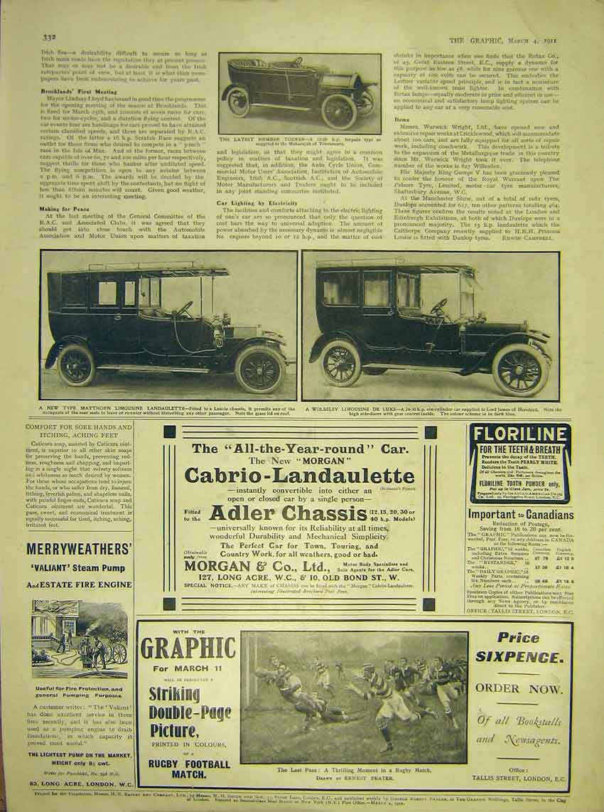 Original Old Antique Print Motor-Car Humber Wolseley Landaulette 1911 20th