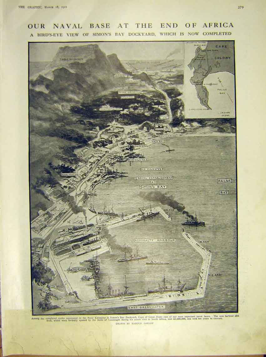 Original Old Antique Print Naval Base Africa Simon'S Bay Cape View Oakley 1911