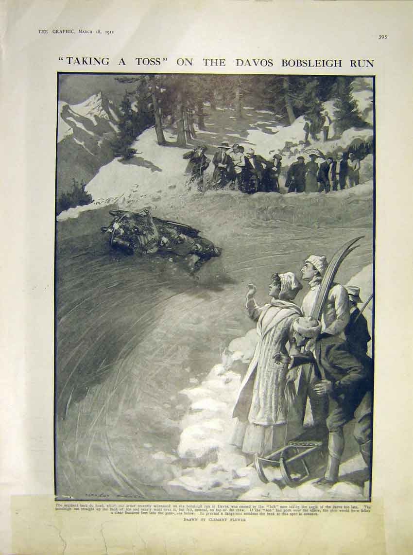 Original Old Antique Print Davos Bobsleigh Run Flower Sport Snow 1911 20th