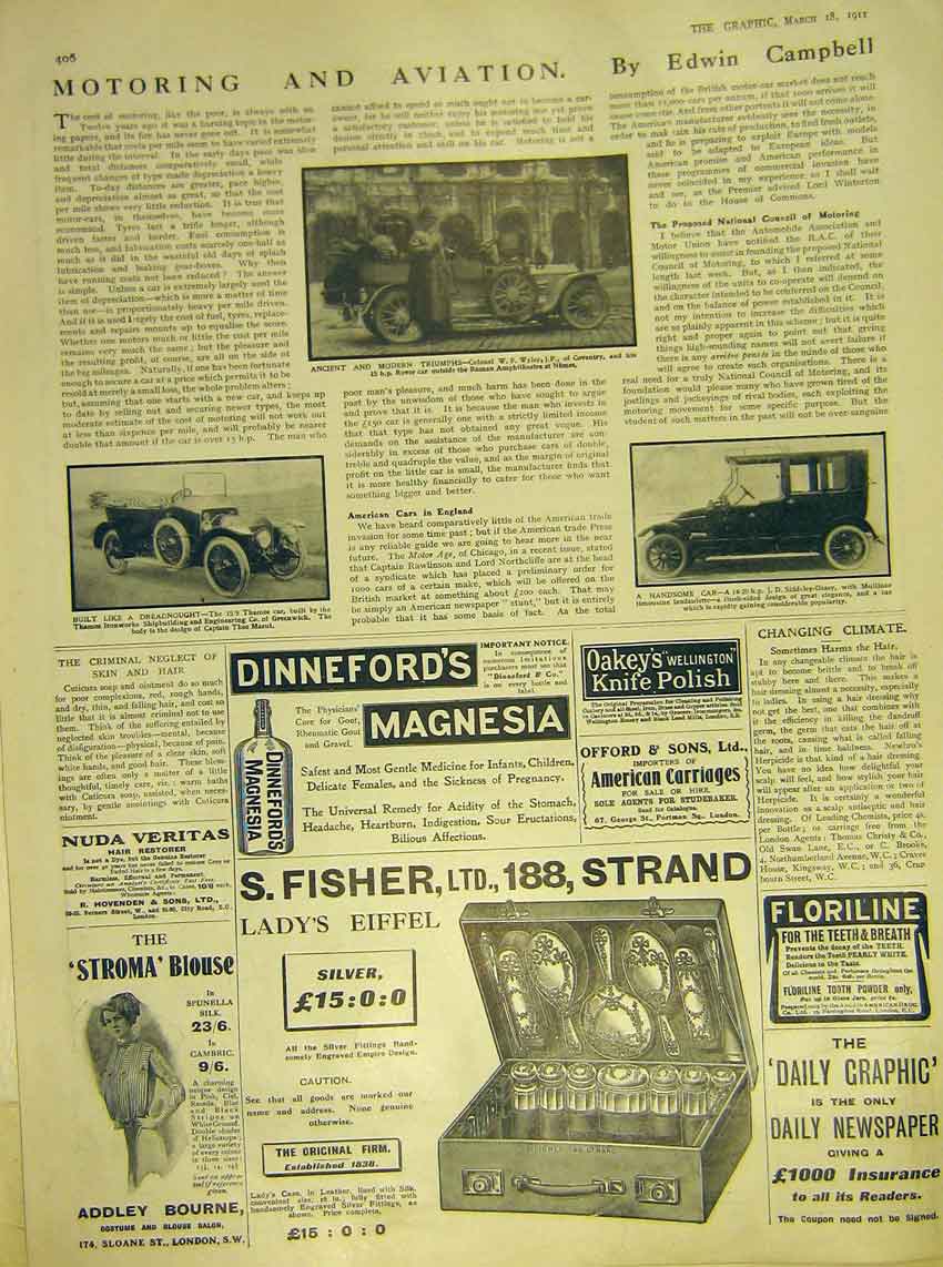 Original Old Antique Print Motor-Car Handsome Triumph Rover Thames 1911 20th