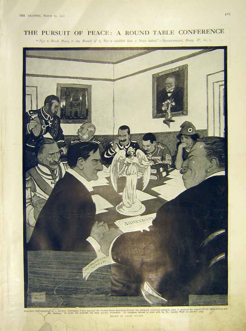 Old Antique Print Peace Round Table Conference Taft Cartoon Sketch Wilson
