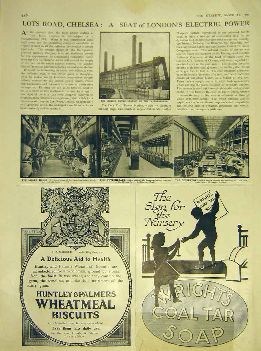 Original Old Antique Print Lots Road Chelsea London Electric Wrights Soap 1911