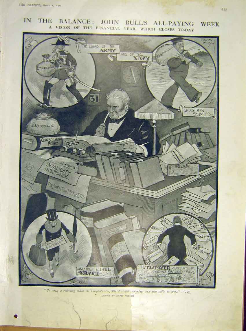 Original Old Antique Print John Bull Financial Year Sketches Cartoon Wilson 1911