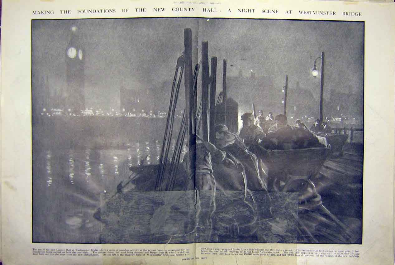Old Antique Print Westminster County Hall Bridge Clock-Tower London 1911 20th