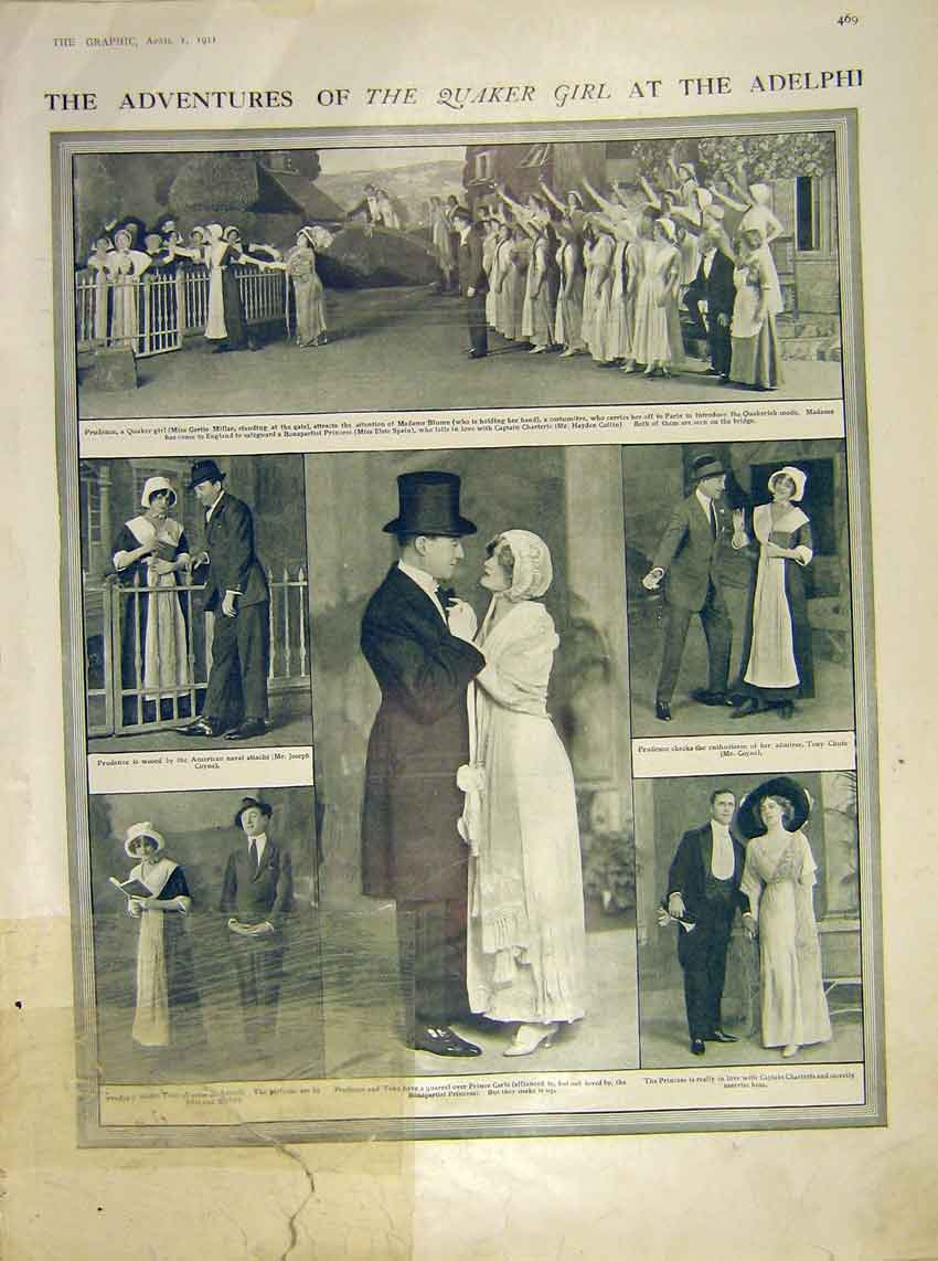 Original Old Antique Print Quaker Girl Adelphi Theatre Scenes 1911 20th Century