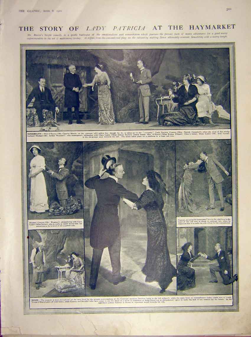 Original Old Antique Print Theatre Haymarket Lady Patricia Scenes 1911 20th