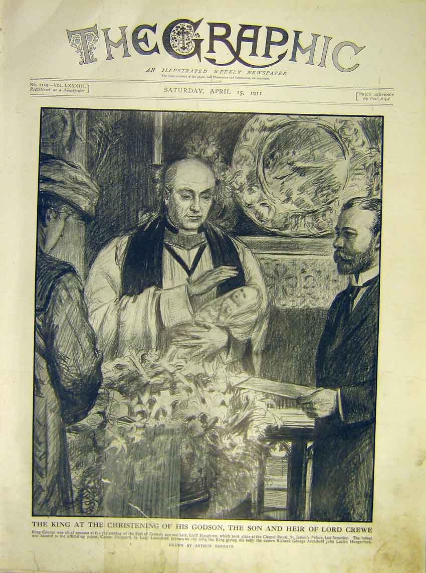Old Antique Print King Christening Godson Lord Crewe Houghton Chapel 1911 20th
