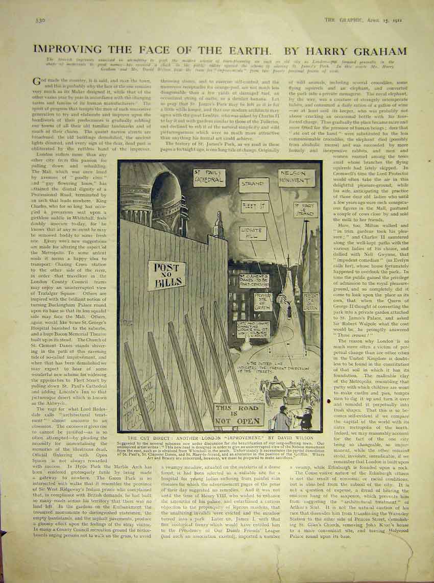 Original Old Antique Print London Improvement Wilson Sketch Cartoon 1911 20th