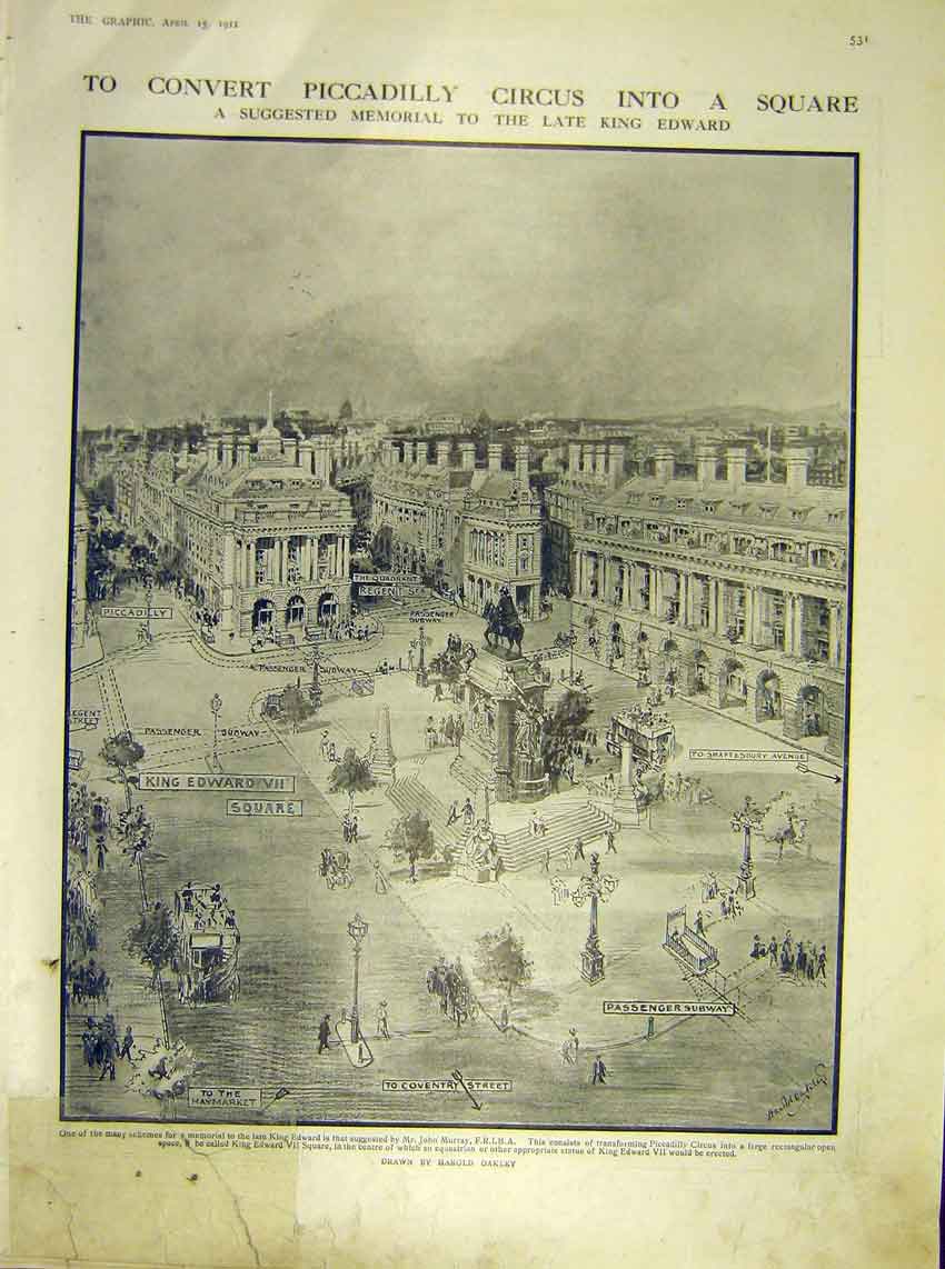 Original Old Antique Print Picadilly Circus Square Memorial King Edward 1911
