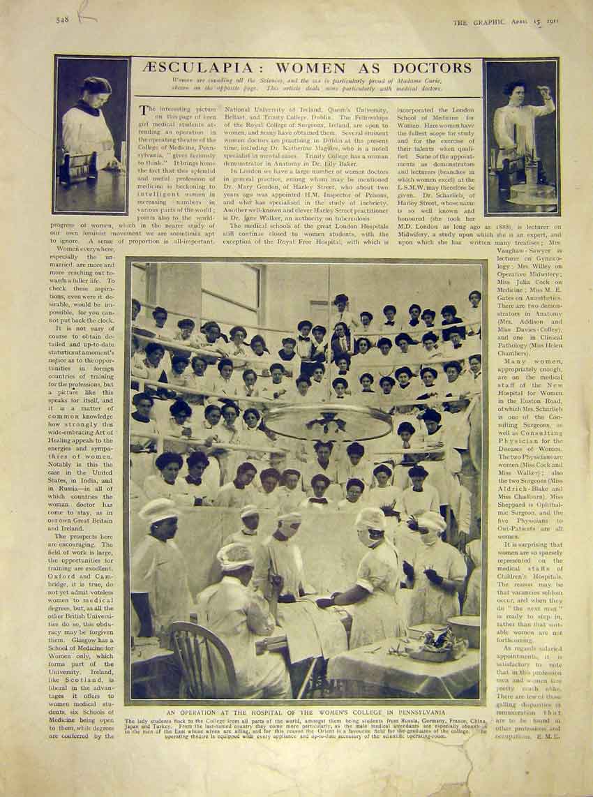 Original Old Antique Print Aesculapia Doctors Women Brittany Coast Weather 1911