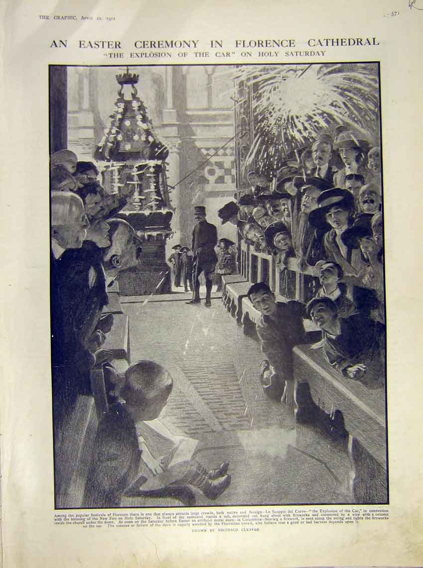 Original Old Antique Print Florence Cathedral Easter London Horse Caring 1911