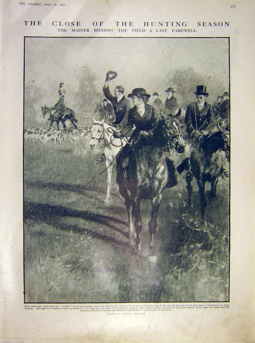 Original Old Antique Print Hunting Season Master Field Farewell Hounds Hunt 1911