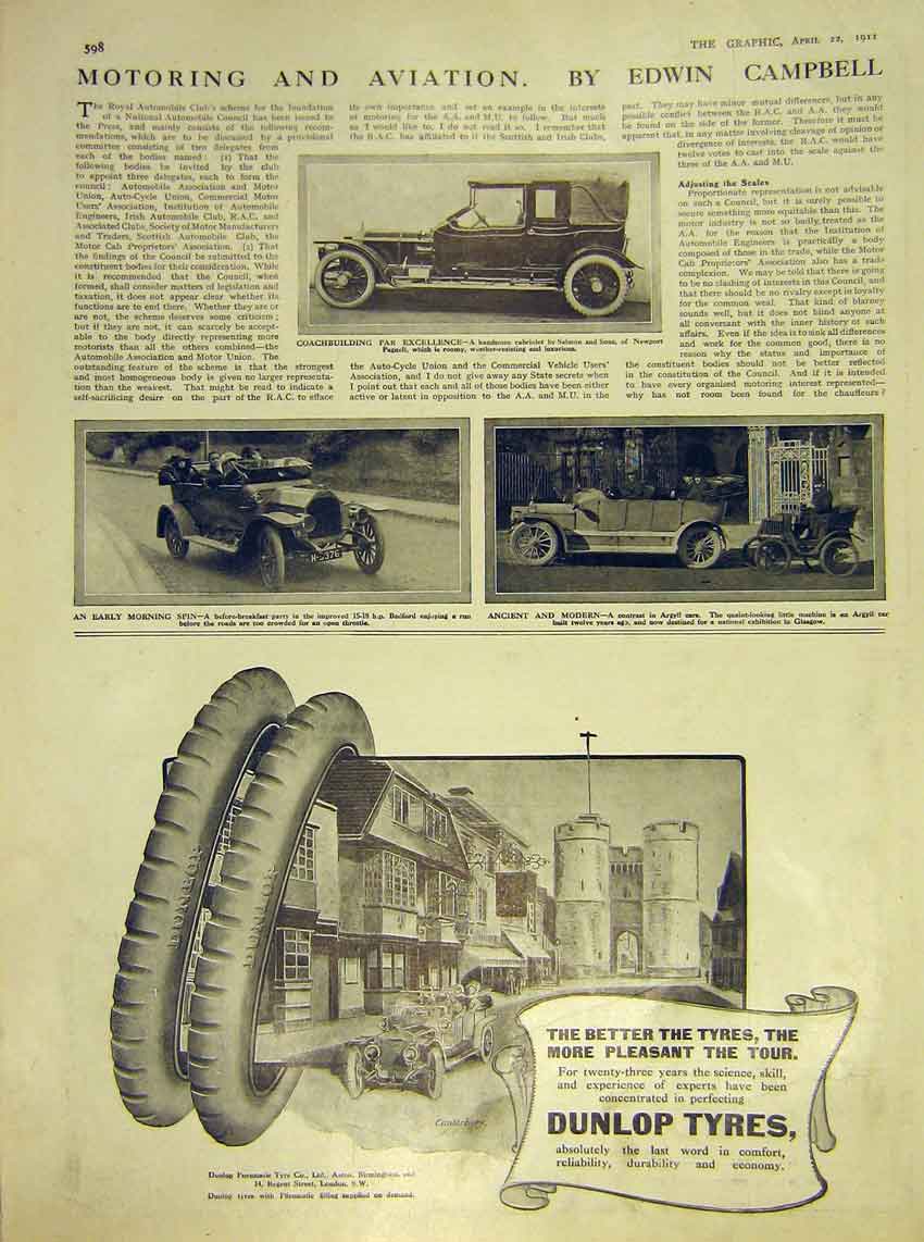 Old Antique Print Dunlop Argyl Automobile Bedford Handsome Cabriolet 1911 20th