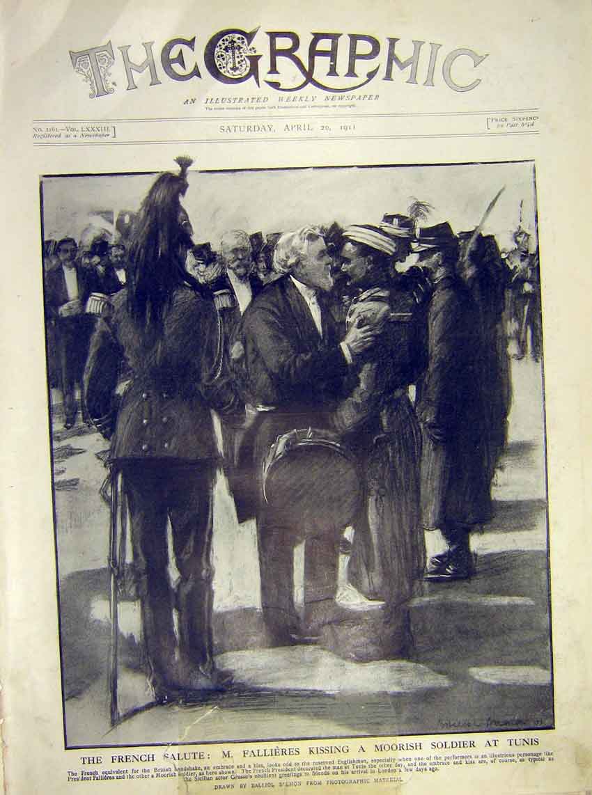Original Old Antique Print French Salute Fallieres Moorish Sier Tunis 1911 20th