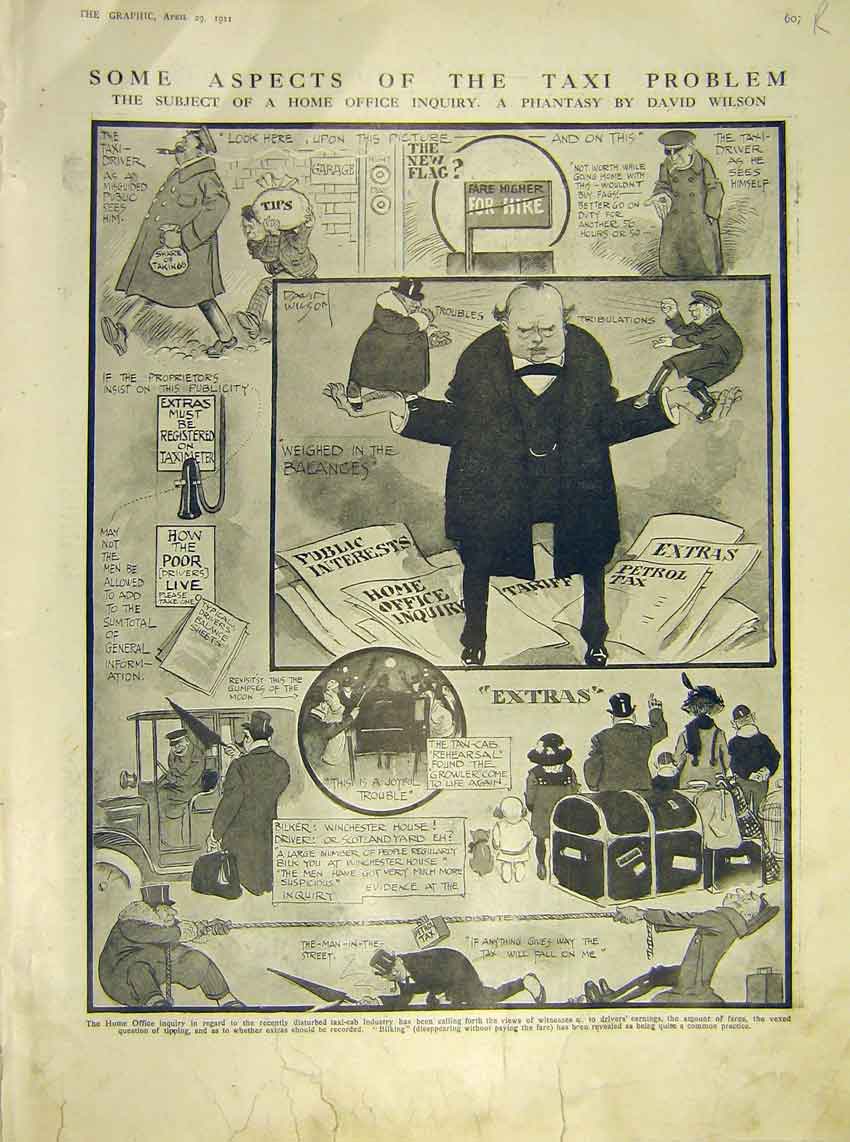 Original Old Antique Print Taxi Cartoon Wilson Home Office Inventors 1911 20th