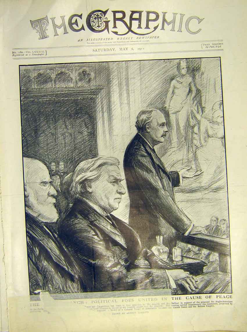 Original Old Antique Print Asquith Balfour Court Treaty Guildhall London 1911