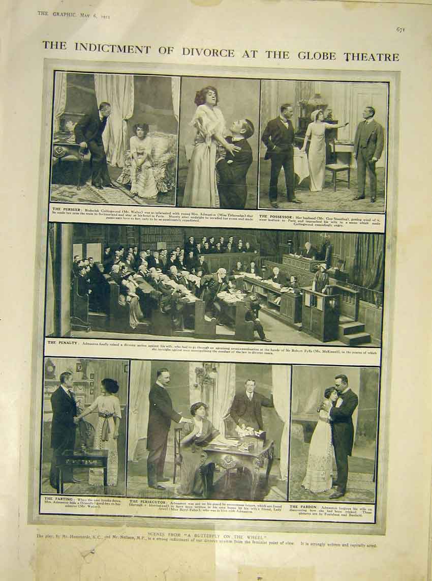 Original Old Antique Print Globe Theatre Divorce Butterfly Wheel Scenes 1911