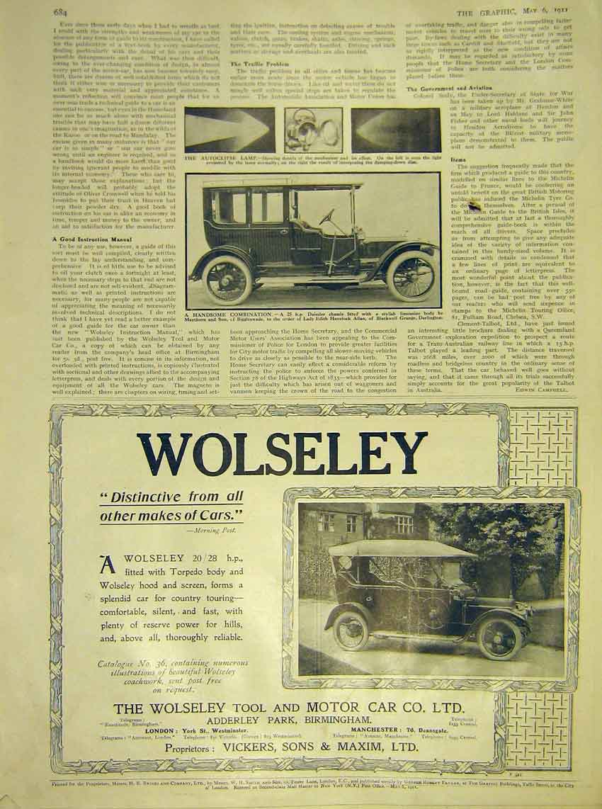 Original Old Antique Print Motor-Car Autoclipse Lamp Wolseley Daimler 1911 20th
