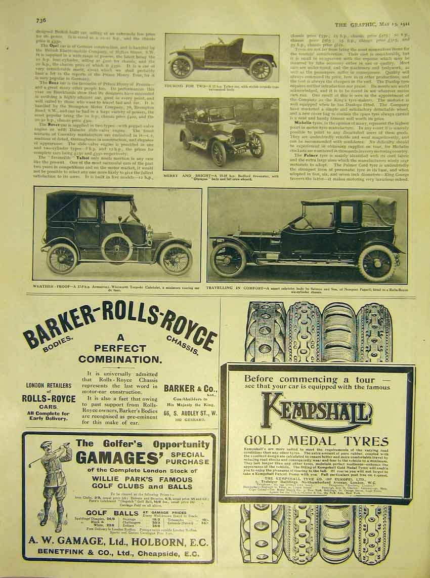 Original Old Antique Print Motor-Car Talbot Bedford Rolls-Royce Advert 1911 20th