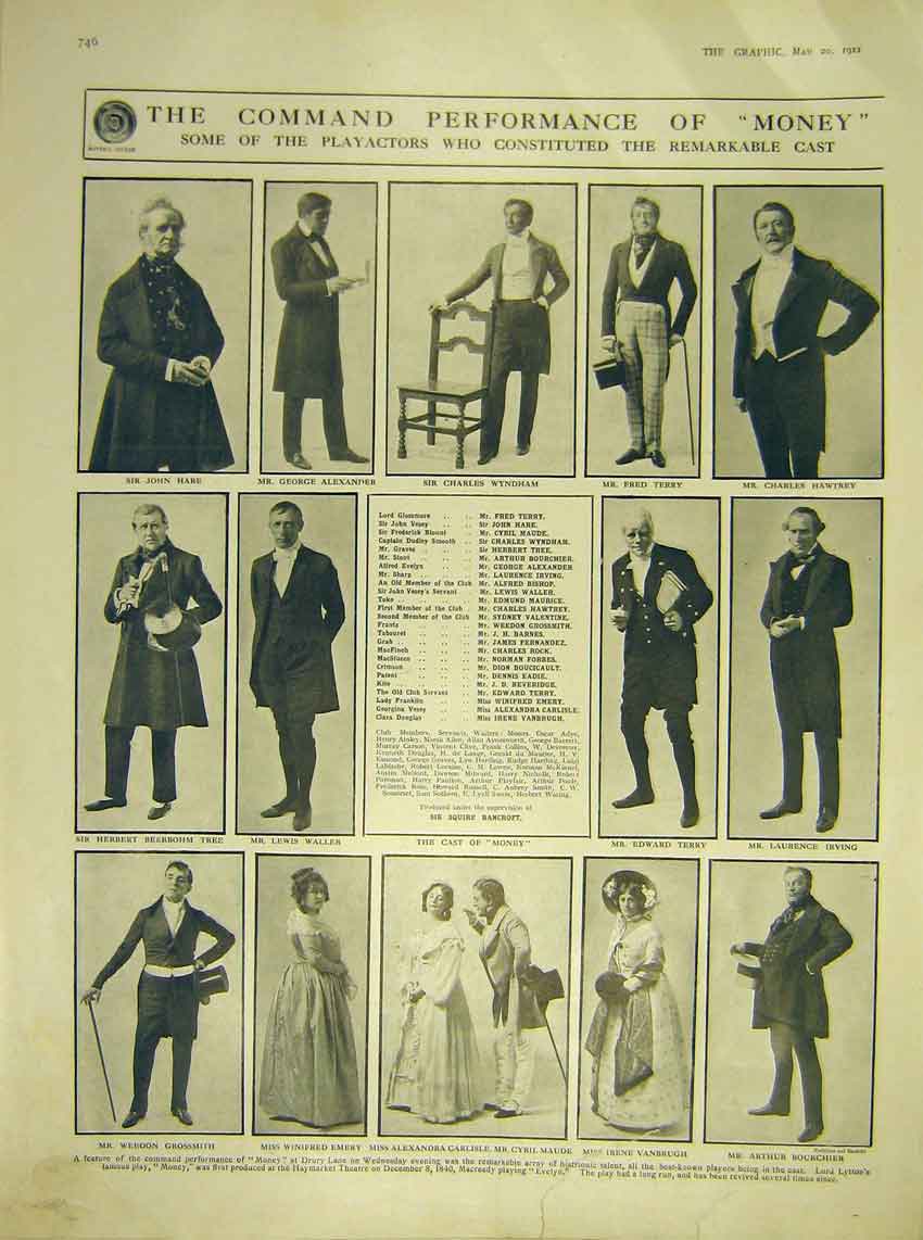 Original Old Antique Print Play Actors Theatre Money Hare Wyndham Emery 1911