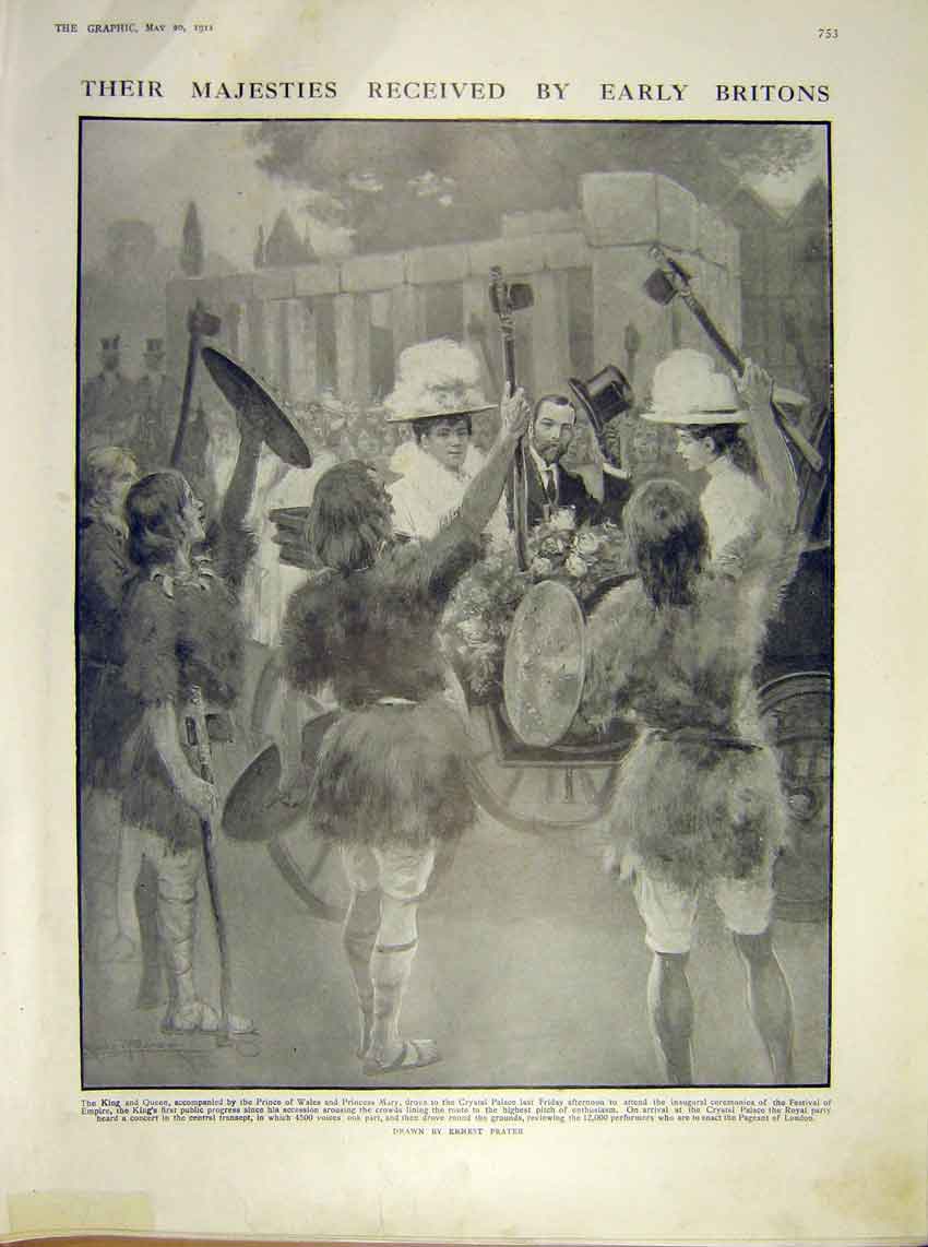 Original Old Antique Print Briton Queen King Carriage Festival Empire 1911 20th