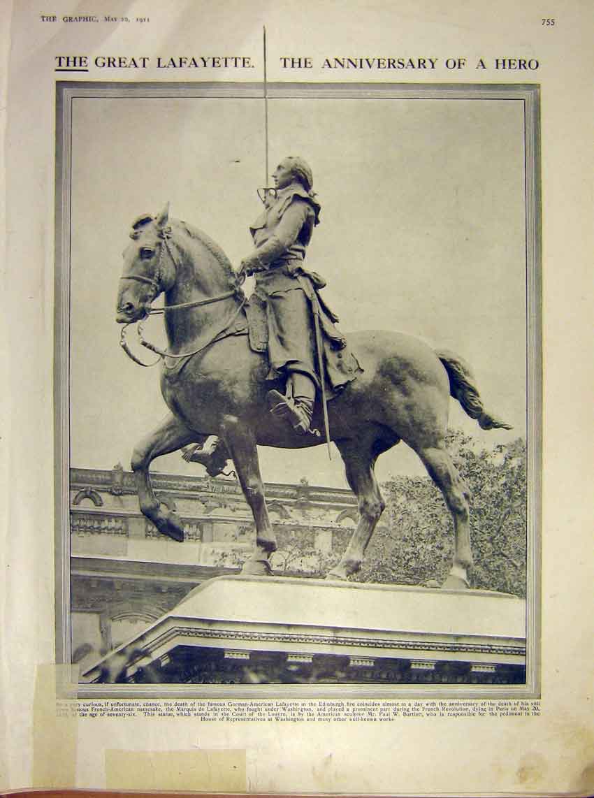 Old Antique Print Lafayette Statue German-American French Revolution 1911 20th