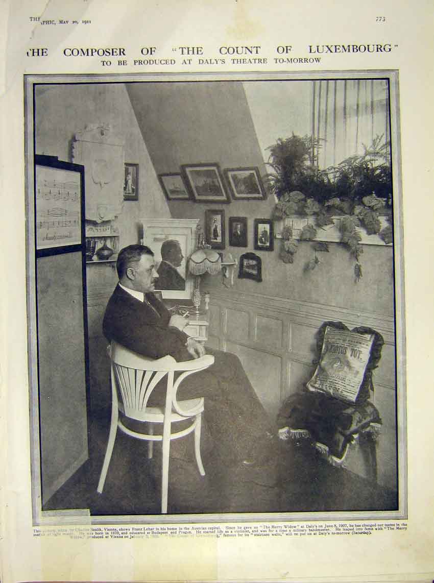 Original Old Antique Print Composer Count Luxembourg Dalys Theatre 1911 20th