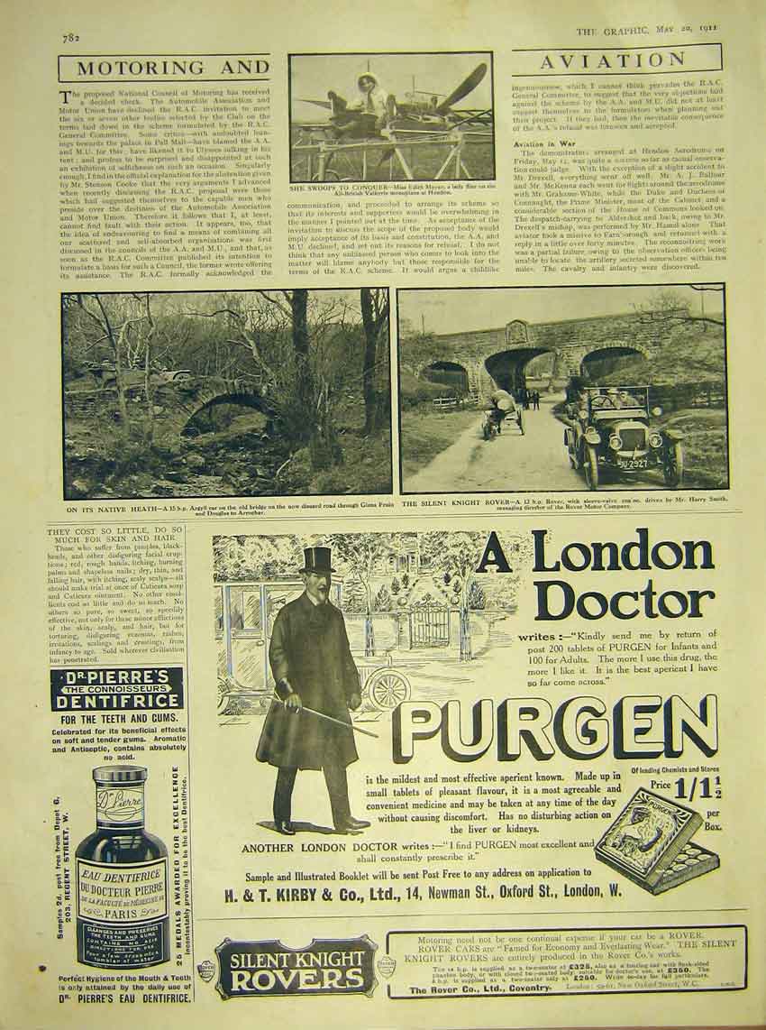 Original Old Antique Print Motor-Car Valkyrie Meeze Aeroplane Argyll Rover 1911