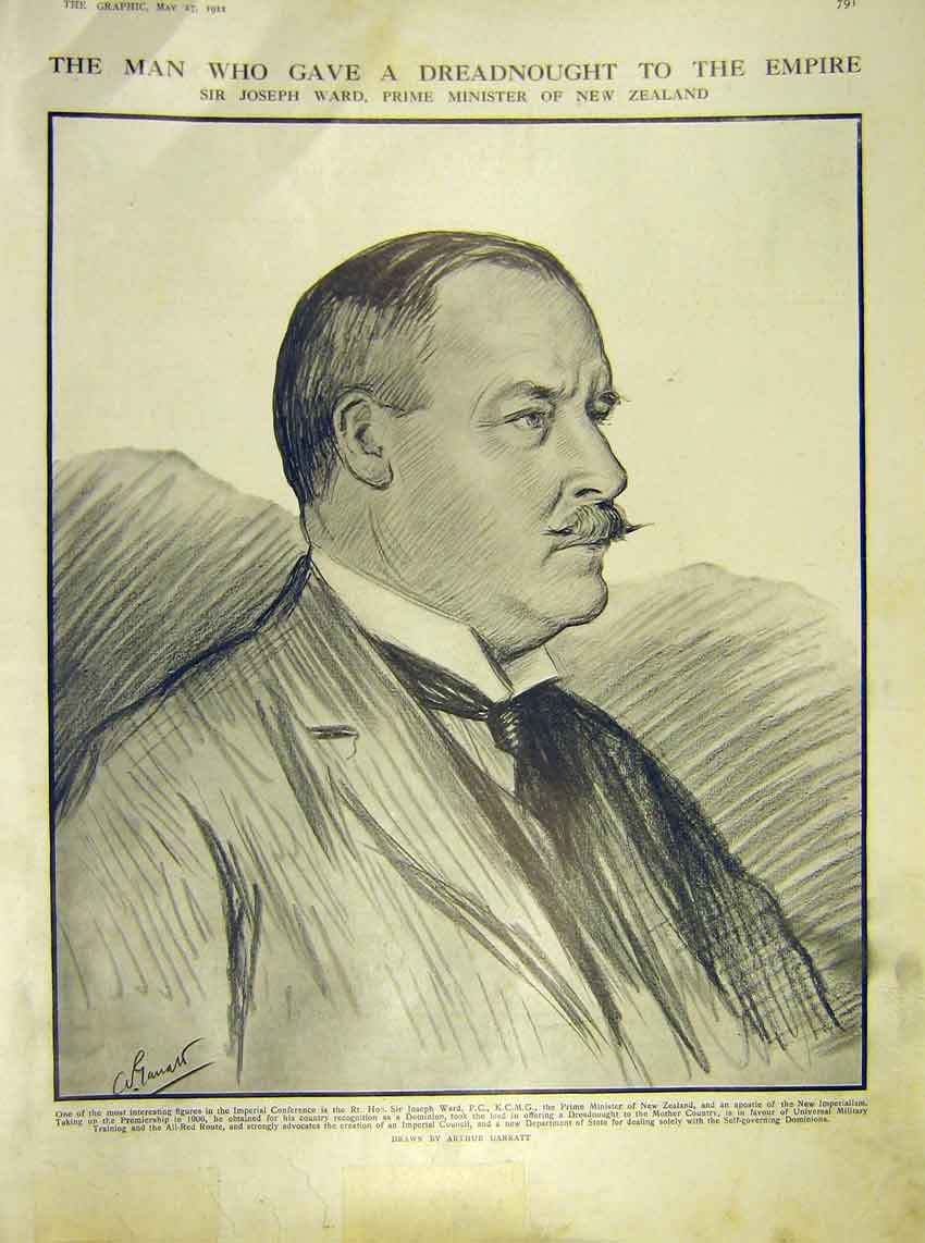 Old Antique Print Dreadnought Empire Ward Prime Minister New Zealand 1911 20th