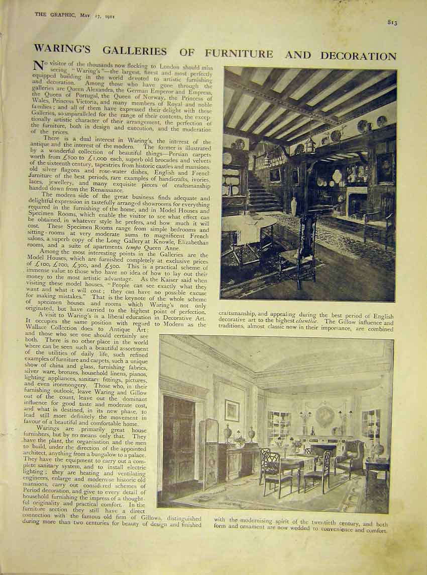 Original Old Antique Print Warings Galleries Furniture Decoration 1911 20th