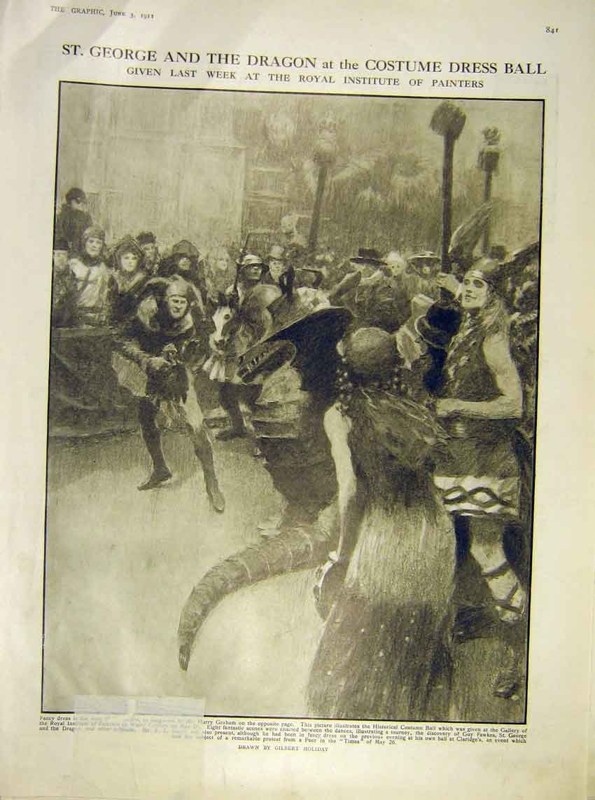 Original Old Antique Print St George Dragon Costume Dress Ball Royal 1911 20th