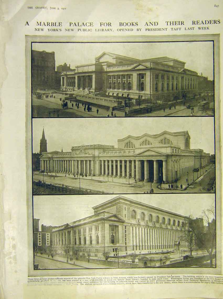 Original Old Antique Print Marble Palace New Ytork Pubilc Library America 1911