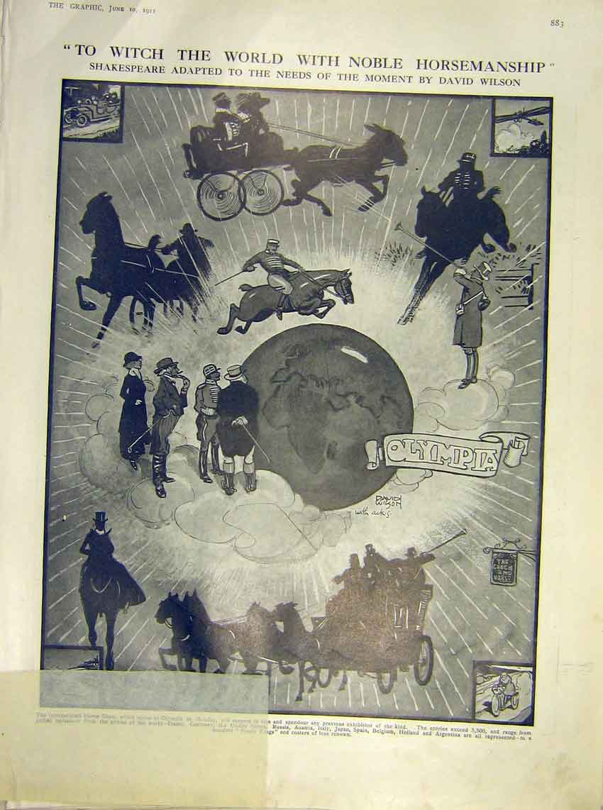 Original Old Antique Print Wilson Sketch Advert Olympia Shakespeare Horse 1911