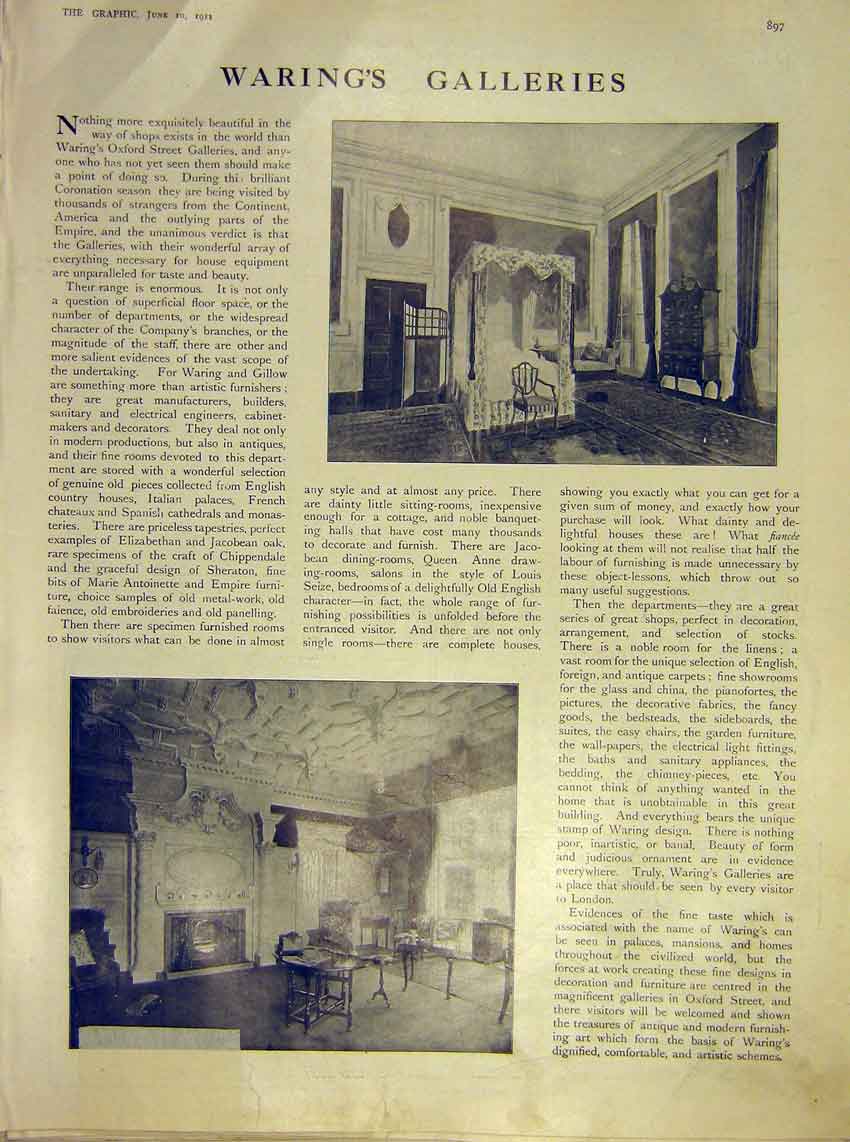 Original Old Antique Print Warings Galleries D∆?Cor Furnishing 1911 20th Century