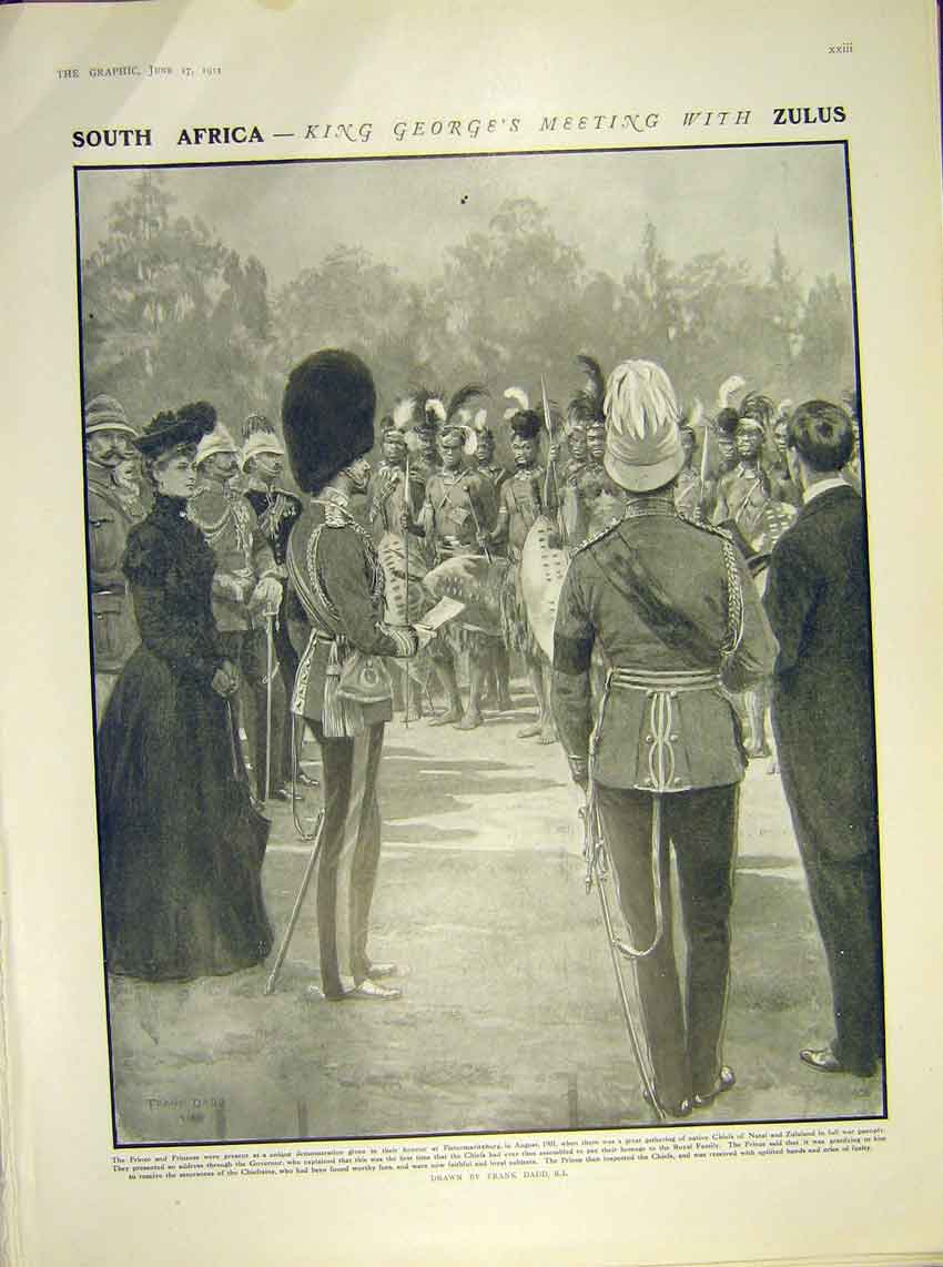 Original Old Antique Print South Africa King George Zulus Dadd 1911 20th Century