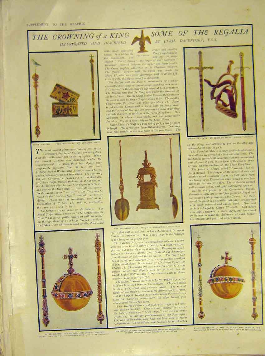 Original Old Antique Print Regalia Coronation King Sceptre Sword Orb Spoon 1911