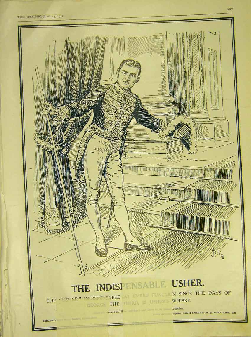 Original Old Antique Print Usher Whisky Advert Butler Sketch 1911 20th Century
