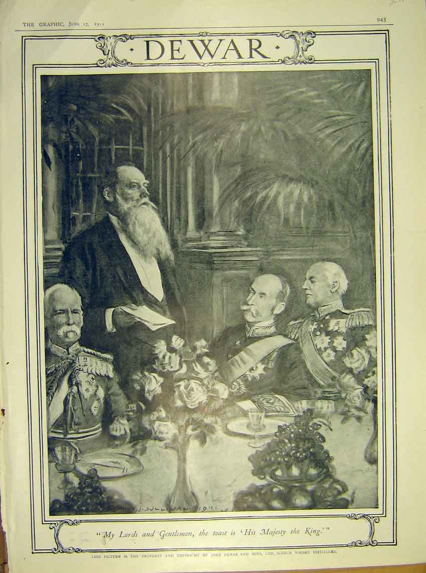 Original Old Antique Print Dewar Whisky Distillers Royal Sullivan 1911 20th