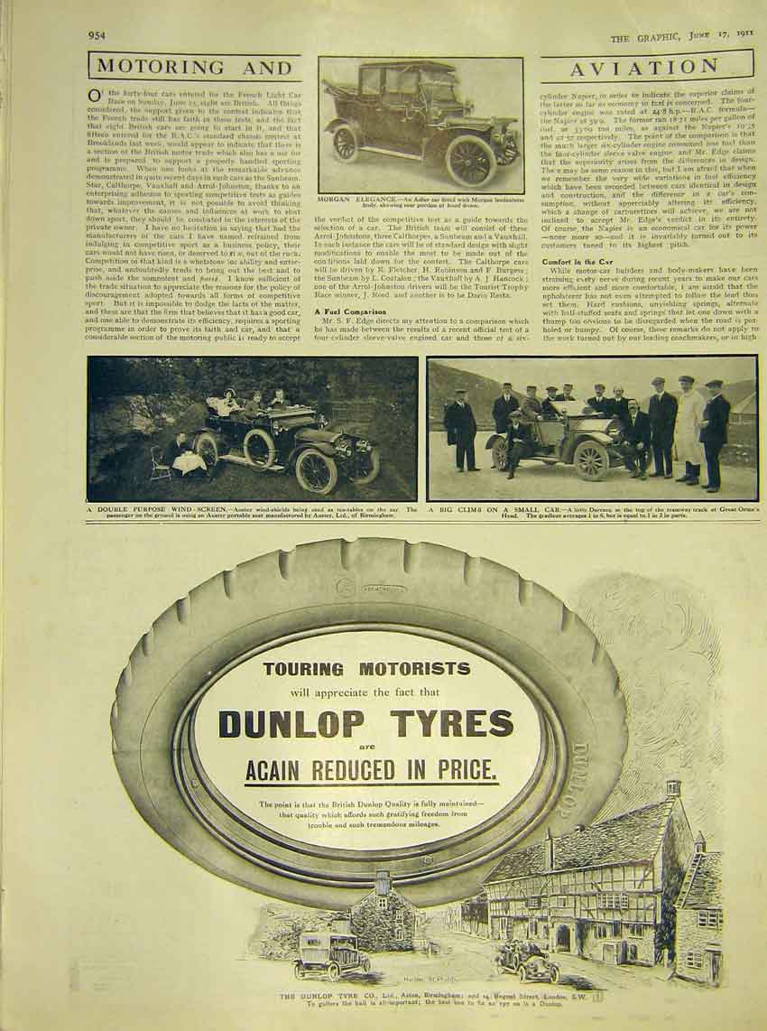 Original Old Antique Print Motor-Car Morgan Auster Darracq Dunlop Tyre 1911 20th