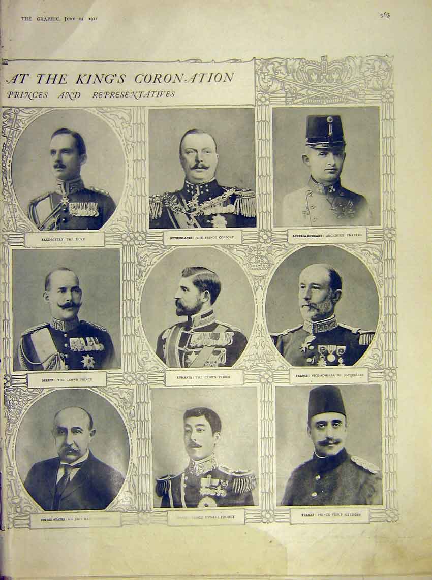 Original Old Antique Print King Coronation Foreign Guests America France 1911