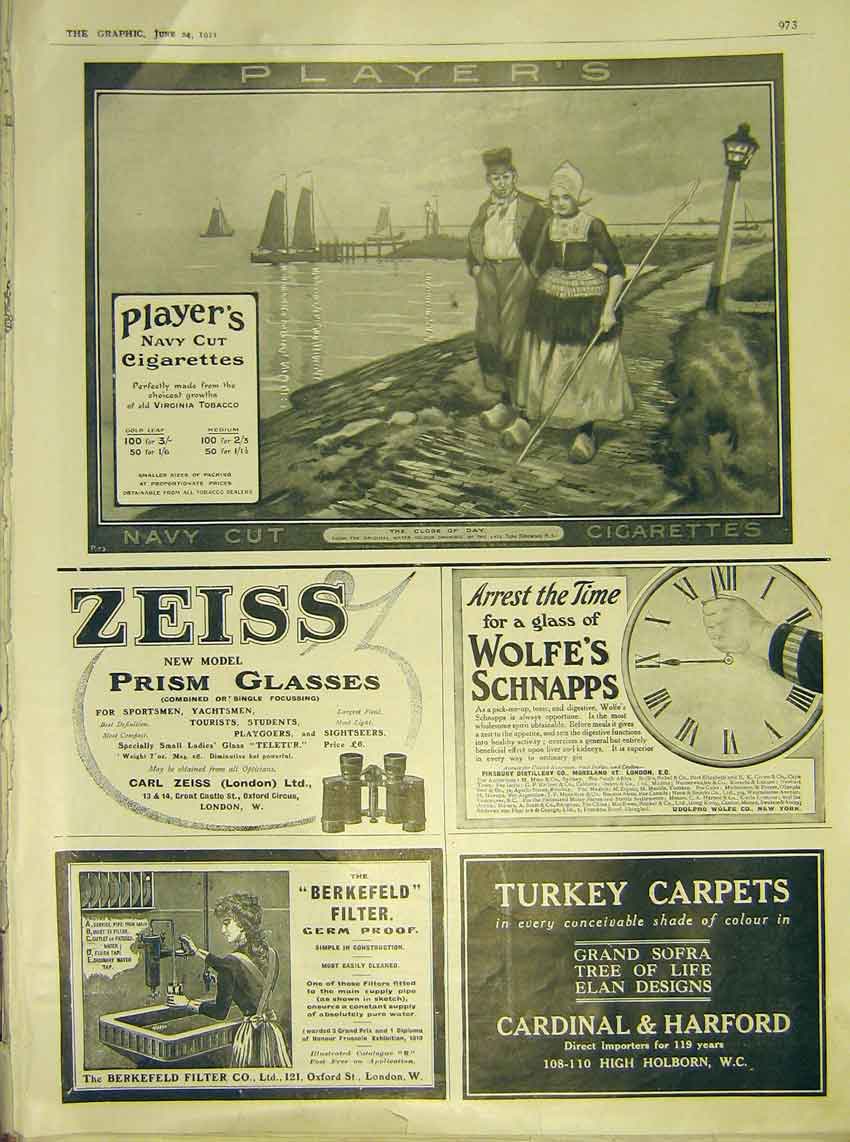 Original Old Antique Print Advert Player'S Cigarettes Zeiss Berkefield Wolfe'S